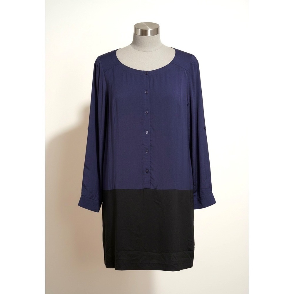 Eileen Fisher‎ 100% Silk Colorblock Shift Dress Navy Blue Black Womens Small S